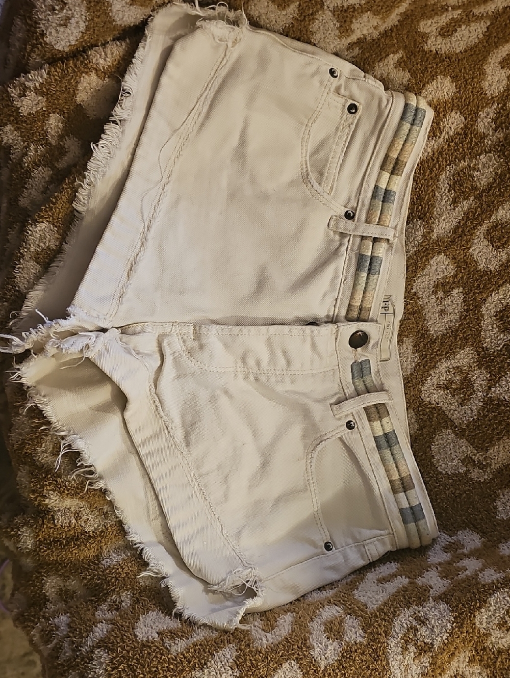 Free People White Distressed Denim Jean Shorts with Striped Waistband